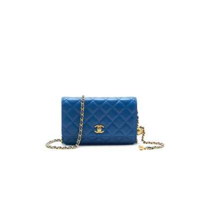 CHANEL LAMBSKIN QUILTED CC PEARL CRUSH WALLET ON CHAIN BLUE WITH GHW