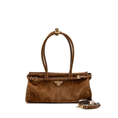 PRADA MEDIUM BONNIE HANDBAG SUEDE LEATHER BROWN GHW