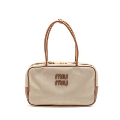 MIU MIU BEAU BAG CANVAS/LEATHER BEIGE/BRANDY GHW