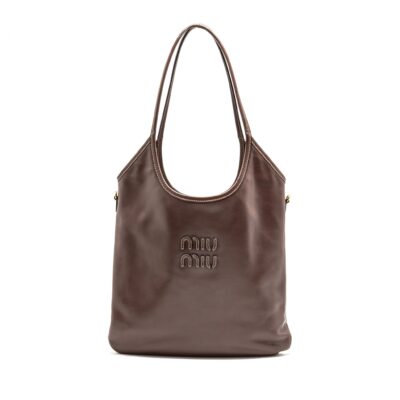 MIU MIU IVY LEATHER TOTE BAG CALFSKIN DARK BROWN GHW