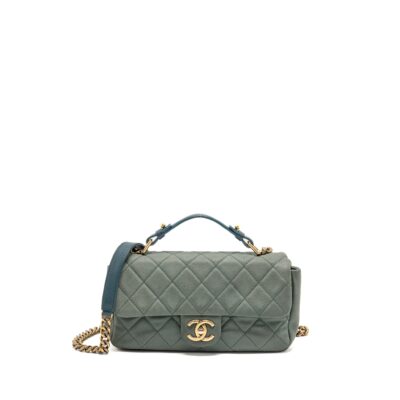 CHANEL TOP HANDLE FLAP SHOULDER BAG WITH CHAIN CAVIAR DARK GREEN GHW