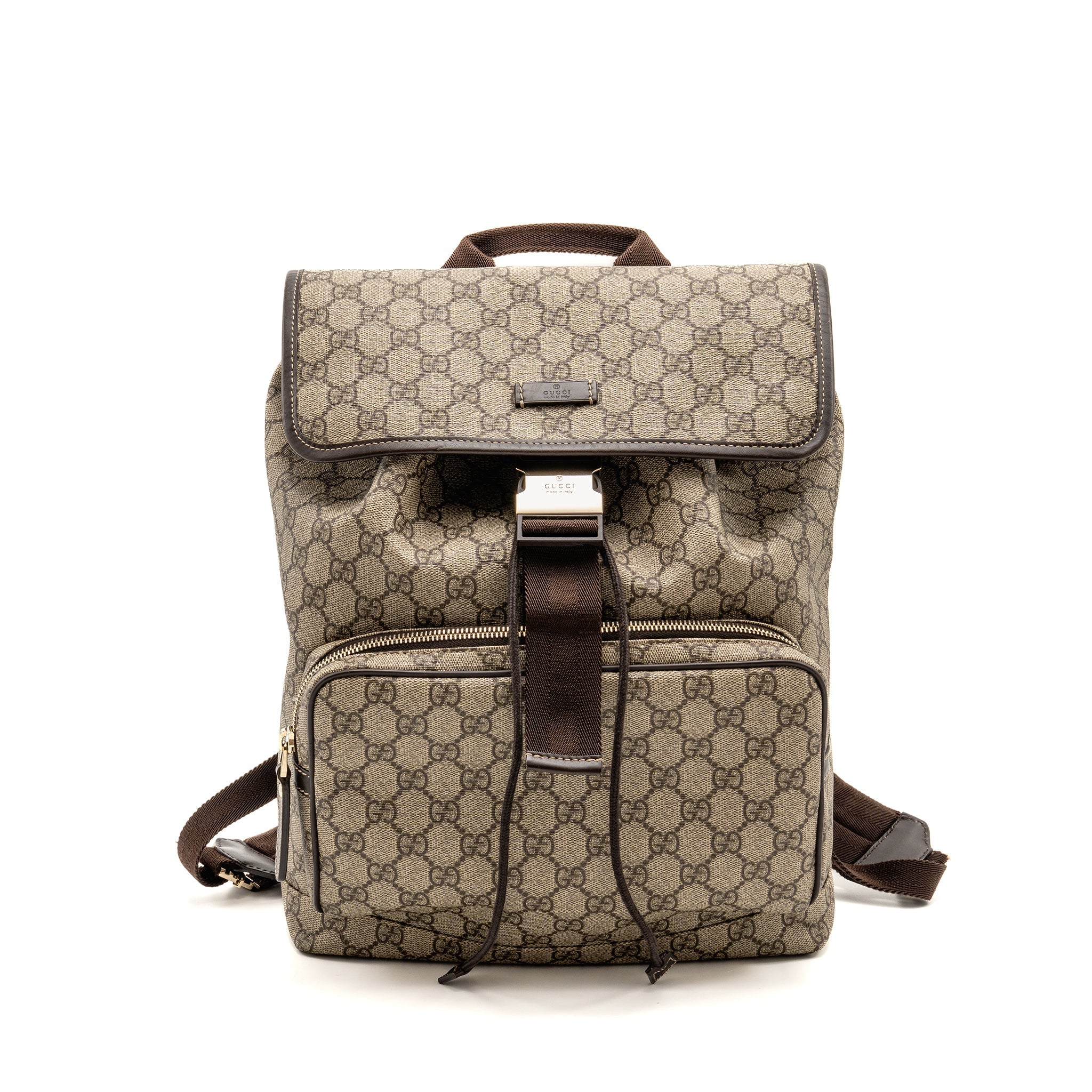 GUCCI SINGLE BUCKLE BACKPACK GG SUPREME CANVAS BROWN SHW