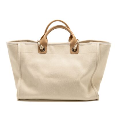 Alternative view of CHANEL DEAUVILLE TOTE BAG WITH PEARL LOGO FABRIC/LEATHER CREAMY WHITE/BEIGE LGHW