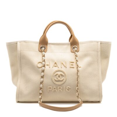 CHANEL DEAUVILLE TOTE BAG WITH PEARL LOGO FABRIC/LEATHER CREAMY WHITE/BEIGE LGHW