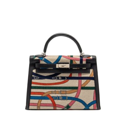 Alternative view of HERMES KELLY 32 LIMITED EDITION TOILE DE WASHED CANVAS / SWIFT LEATHER BLACK / CAVALCADOUR PRINT SHW