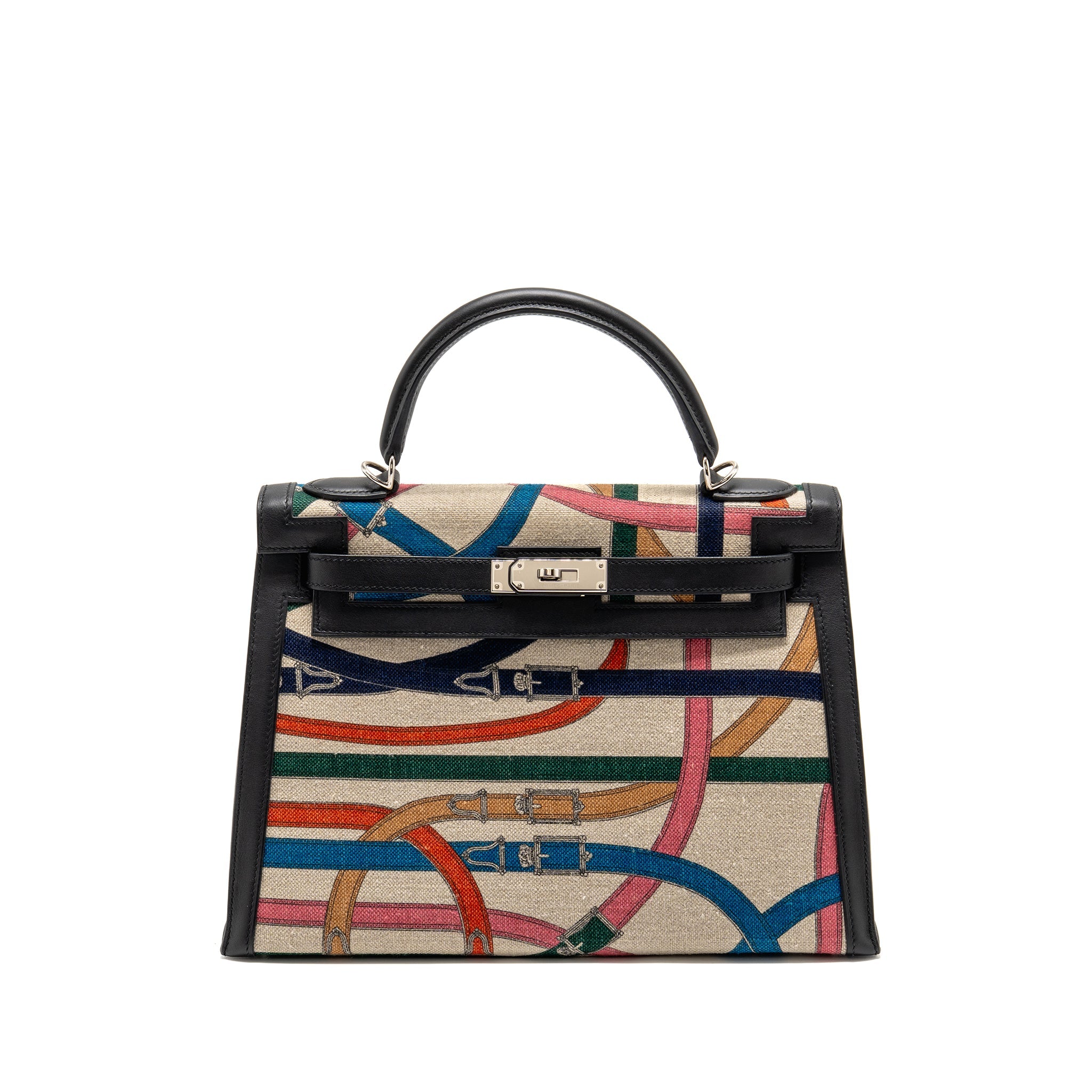 HERMES KELLY 32 LIMITED EDITION TOILE DE WASHED CANVAS / SWIFT LEATHER BLACK / CAVALCADOUR PRINT SHW - Image 2