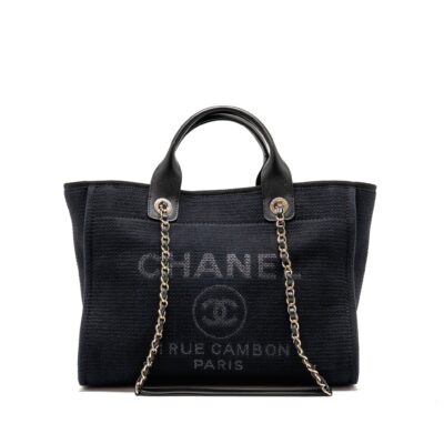 CHANEL DEAUVILLE TOTE BAG CANVAS/CALFSKIN BLACK LGHW (MICROCHIP)
