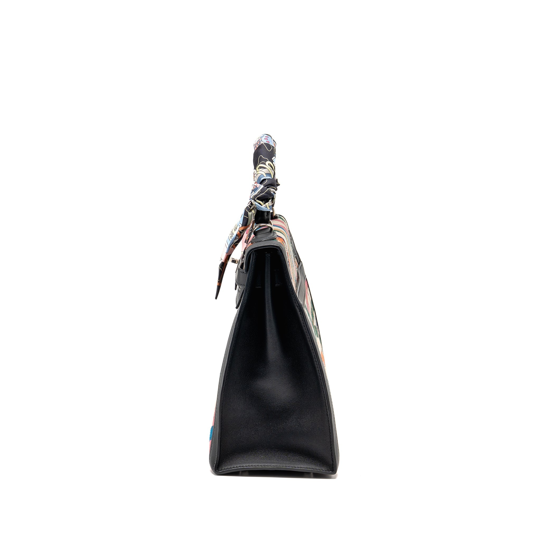 HERMES KELLY 32 LIMITED EDITION TOILE DE WASHED CANVAS / SWIFT LEATHER BLACK / CAVALCADOUR PRINT SHW - Image 5
