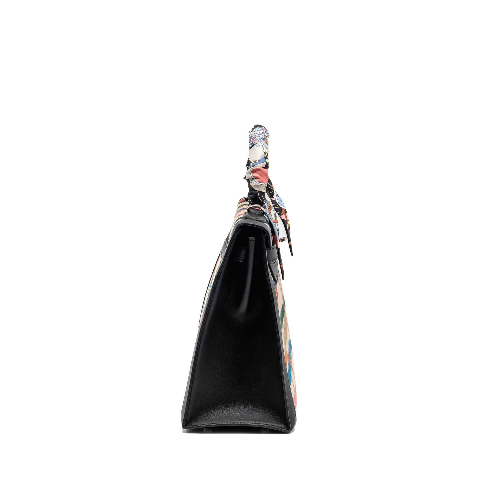 HERMES KELLY 32 LIMITED EDITION TOILE DE WASHED CANVAS / SWIFT LEATHER BLACK / CAVALCADOUR PRINT SHW - Image 4