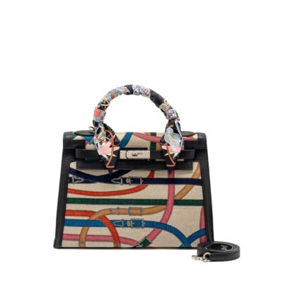 HERMES KELLY 32 LIMITED EDITION TOILE DE WASHED CANVAS / SWIFT LEATHER BLACK / CAVALCADOUR PRINT SHW