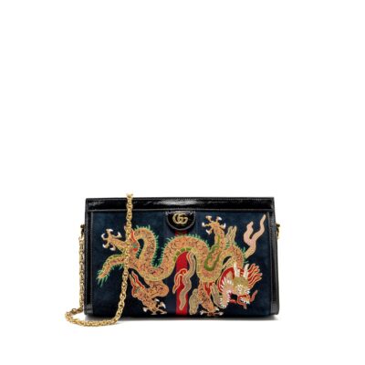 GUCCI OPHIDIA CHAIN BAG DRAGON EMBROIDERED SUEDE BLUE/BLACK/MULTICOLOUR GHW
