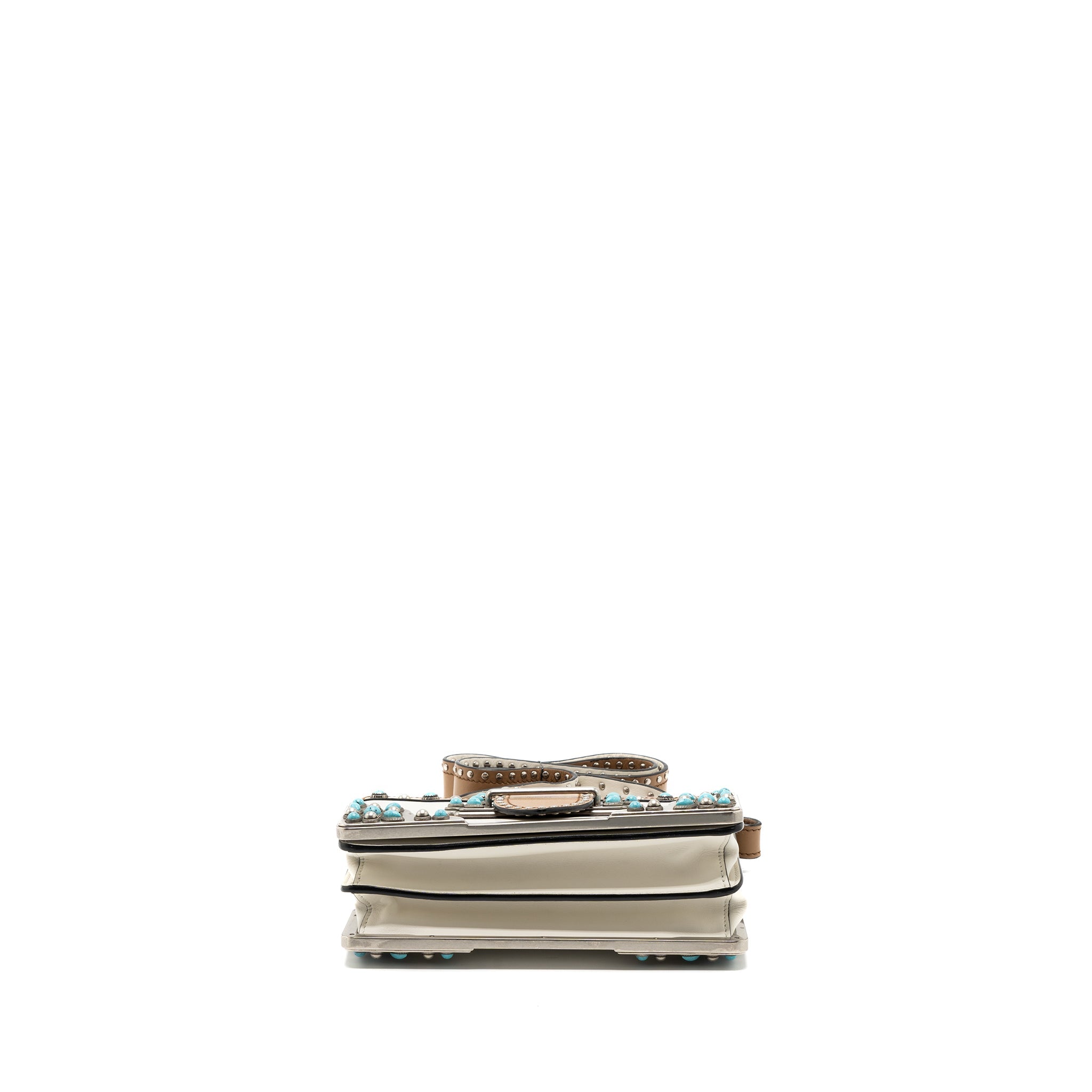 PRADA CAHIER EMBELLISHED TWO-TONE LEATHER SHOULDER BAG WHITE / CARAMEL SHW - Image 5