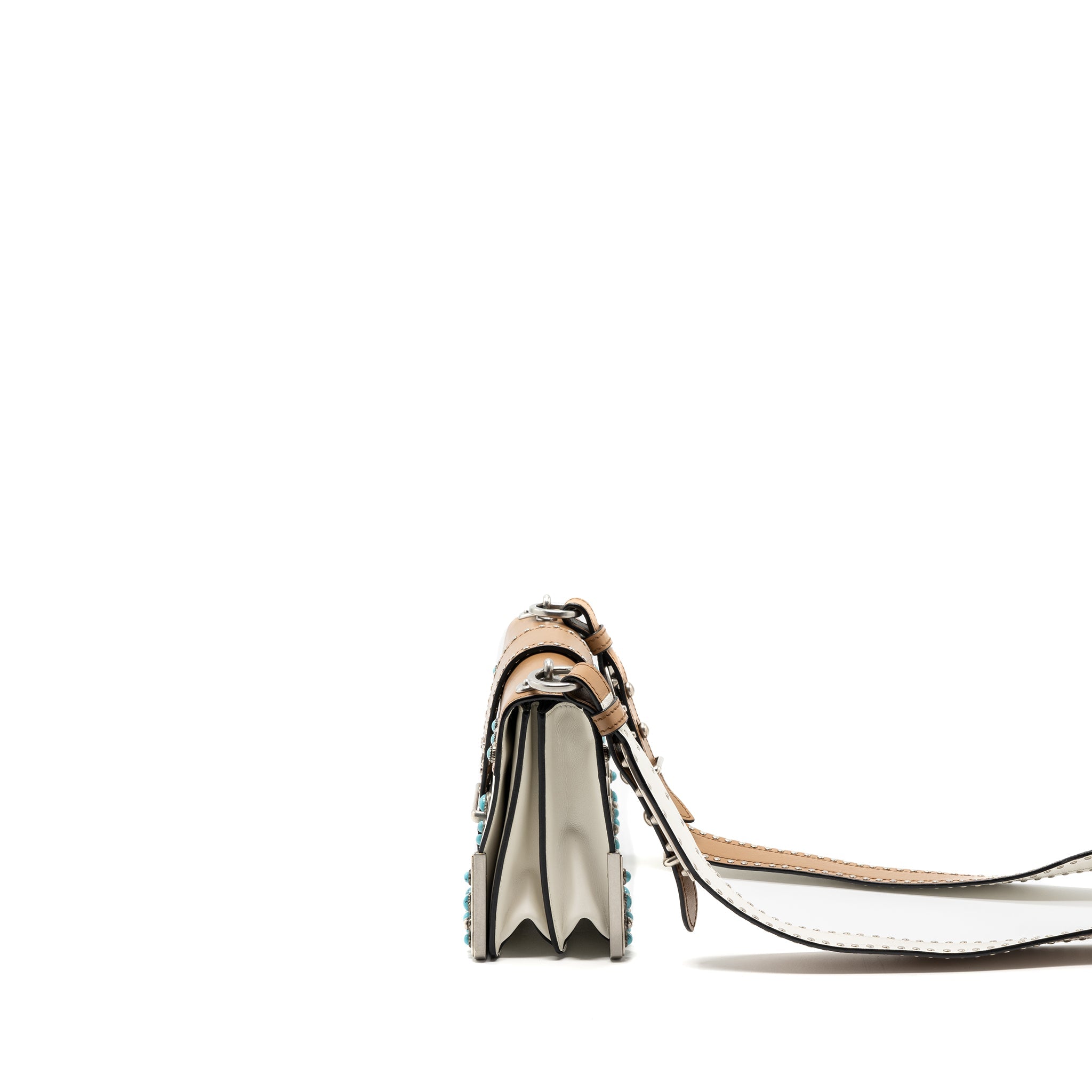 PRADA CAHIER EMBELLISHED TWO-TONE LEATHER SHOULDER BAG WHITE / CARAMEL SHW - Image 3