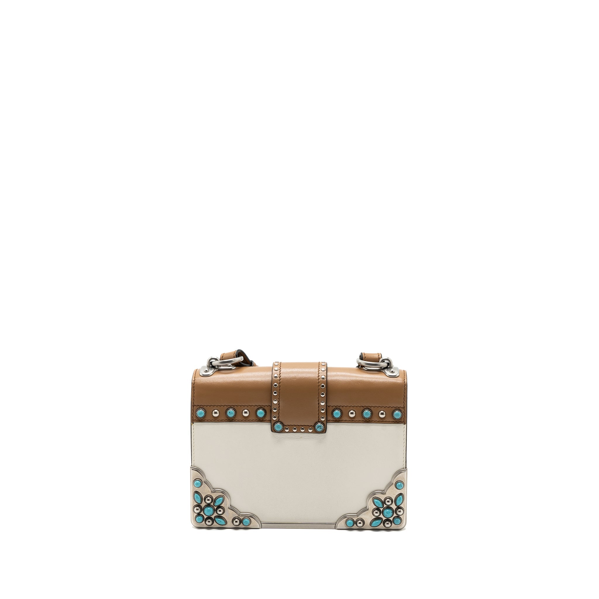 PRADA CAHIER EMBELLISHED TWO-TONE LEATHER SHOULDER BAG WHITE / CARAMEL SHW - Image 4