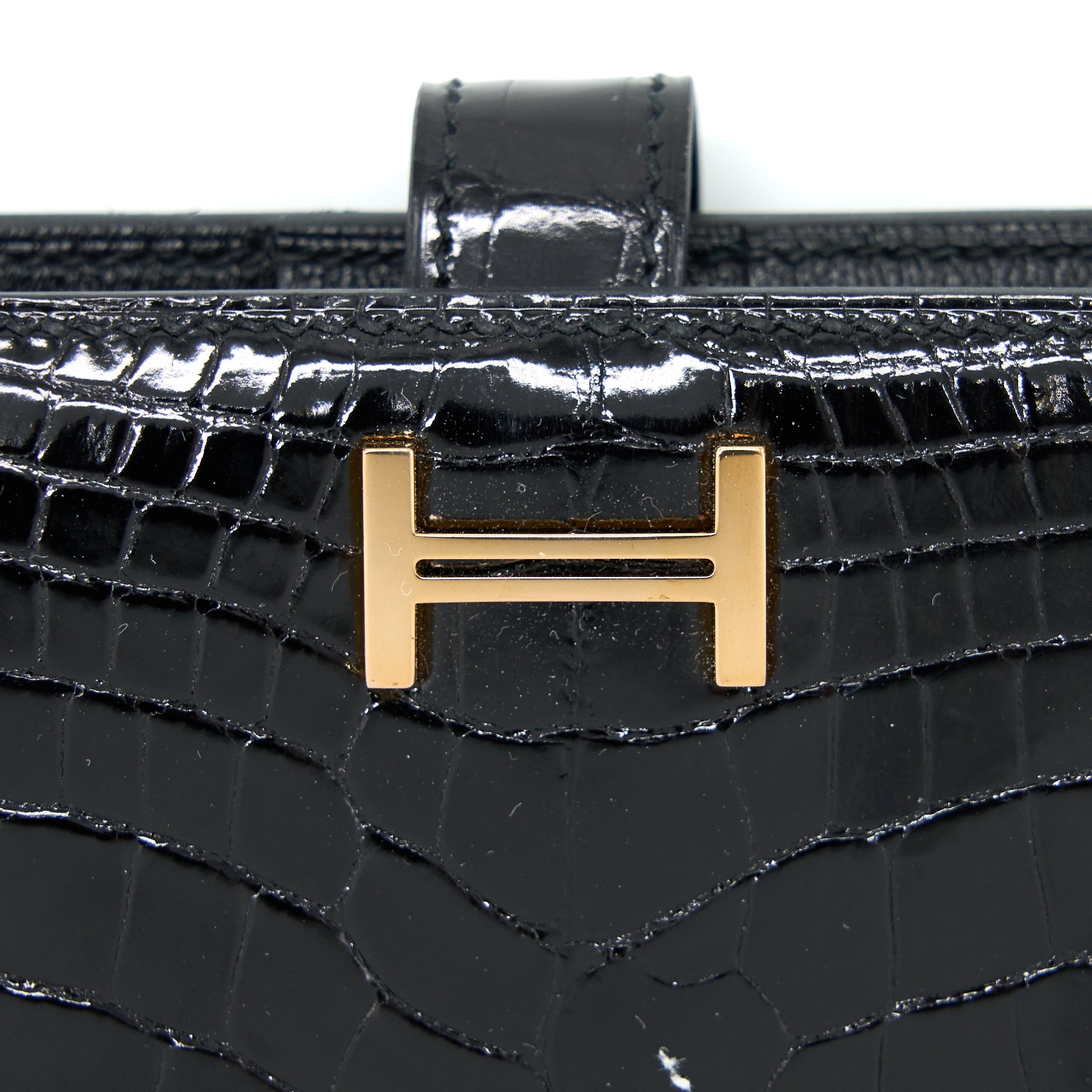 HERMES BEARN WALLET SHINY ALLIGATOR BLACK GHW - Image 4