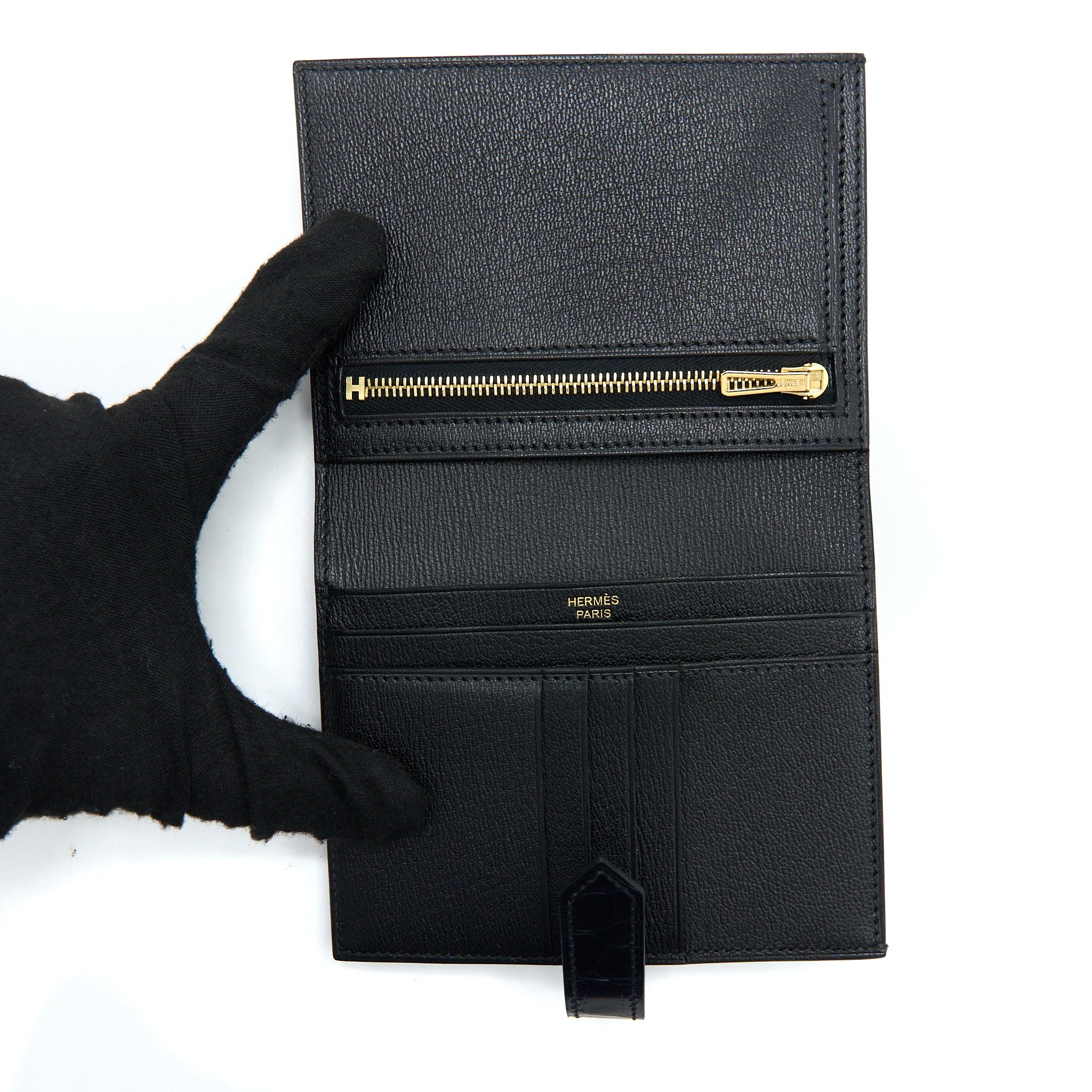 HERMES BEARN WALLET SHINY ALLIGATOR BLACK GHW - Image 9