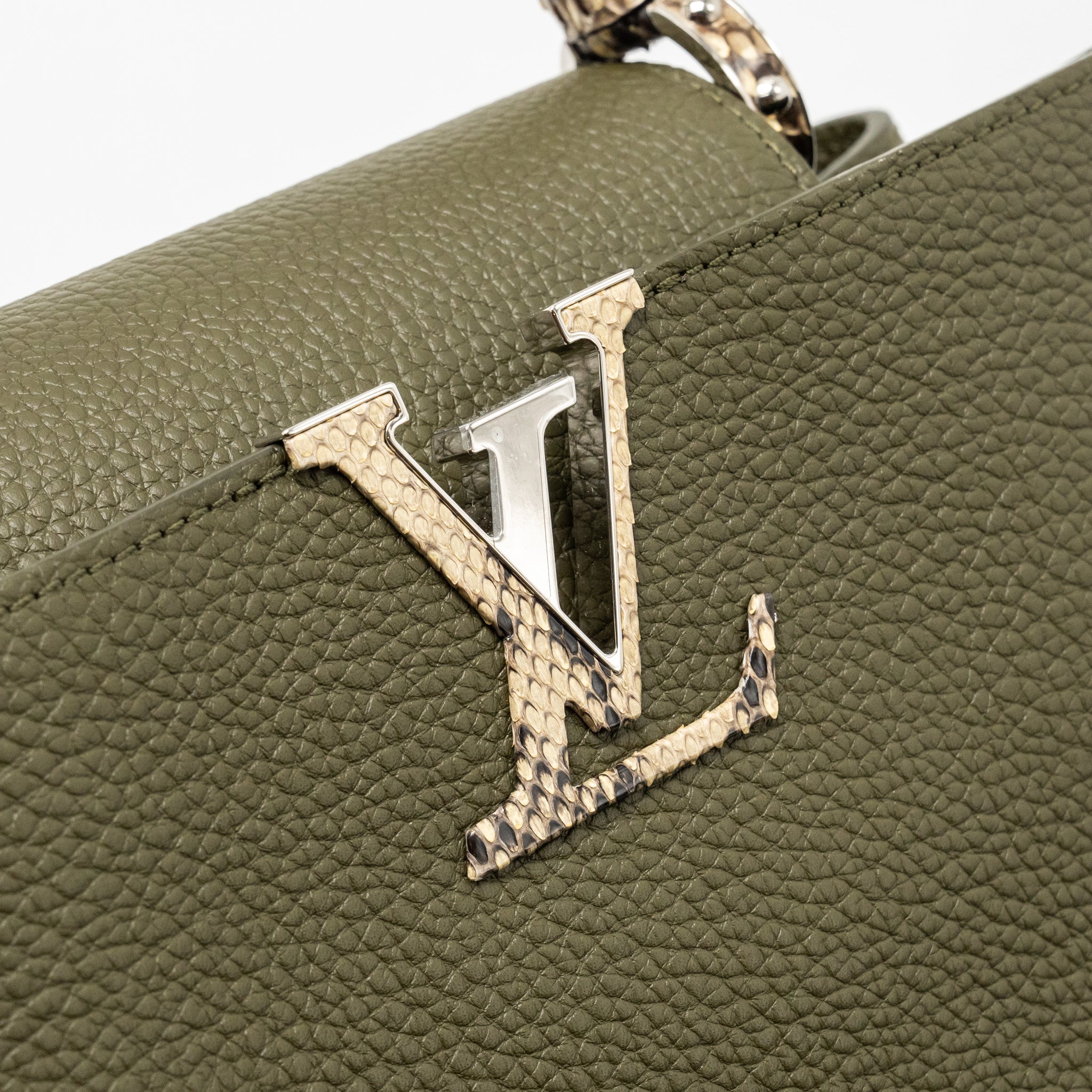 LOUIS VUITTON CAPUCINES MM CALFSKIN / PYTHON HANDLE MULTICOLOR OLIVE GREEEN / NATURAL SHW - Image 12