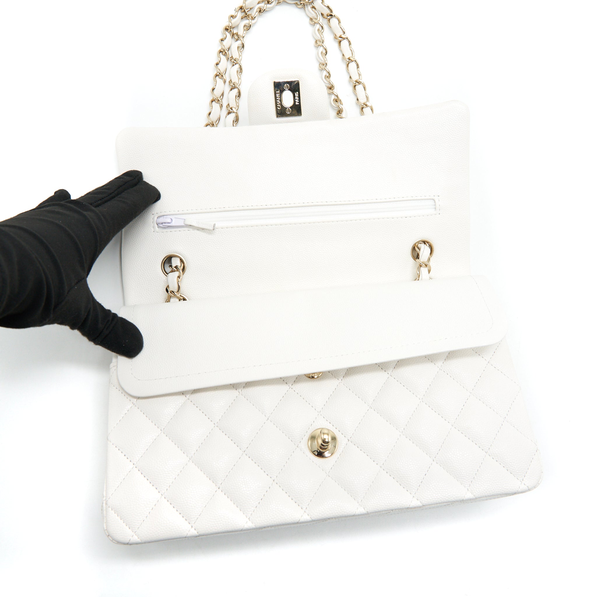 CHANEL MEDIUM CLASSIC DOUBLE FLAP BAG CAVIAR WHITE WITH LGHW - Image 8