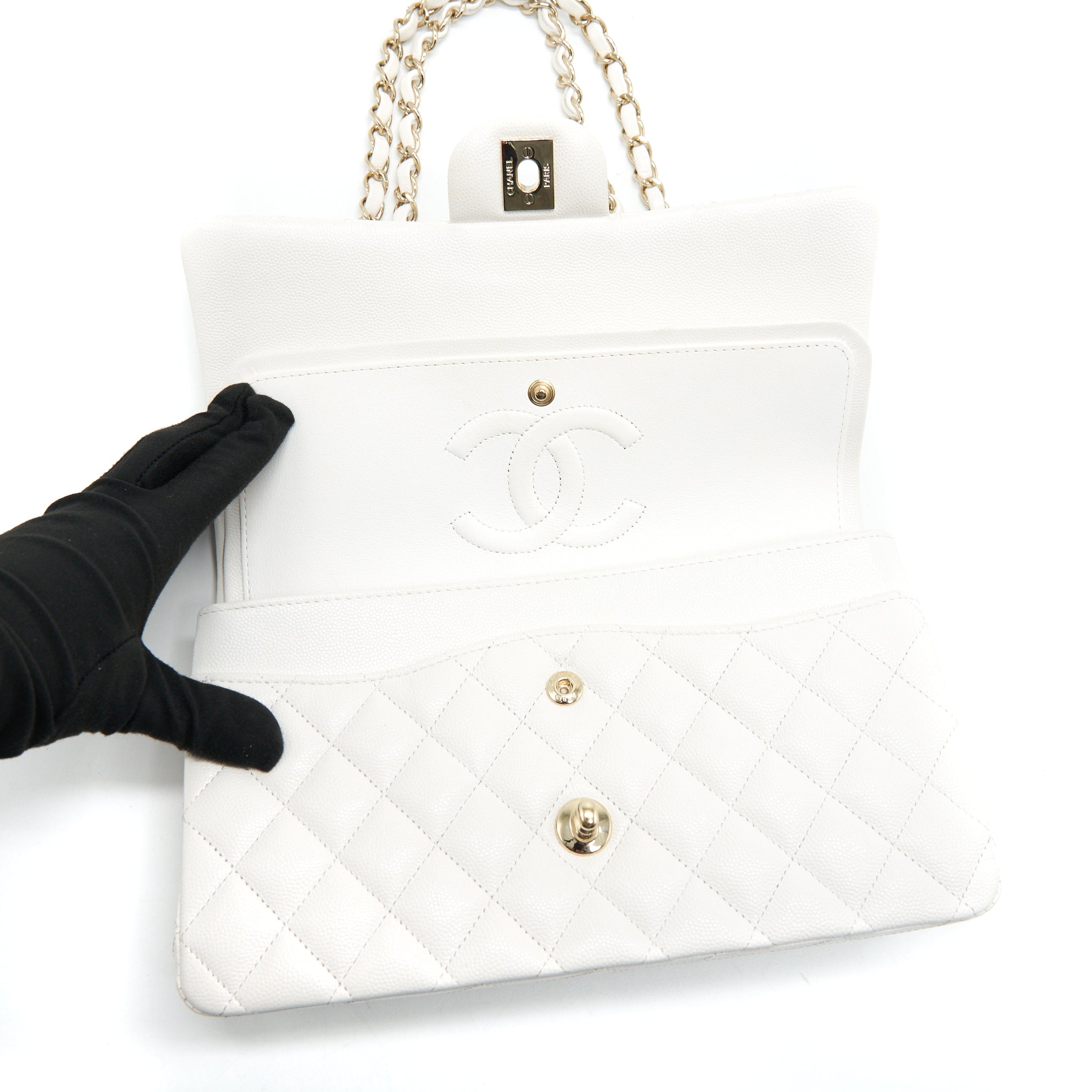 CHANEL MEDIUM CLASSIC DOUBLE FLAP BAG CAVIAR WHITE WITH LGHW - Image 9