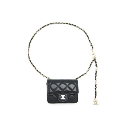 CHANEL FLAP CARD HOLDER BELT BAG WITH CHAIN LAMBSKIN BLACK LGHW