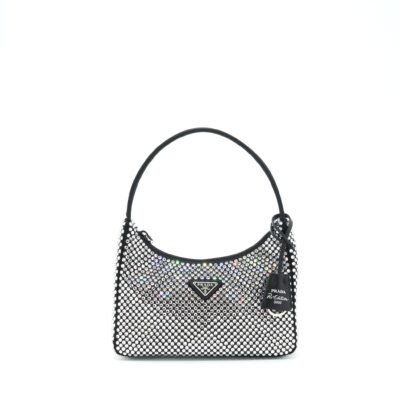 PRADA RE-EDITION 2000 CRYSTAL HOBO BAG NYLON/LEATHER BLACK SHW