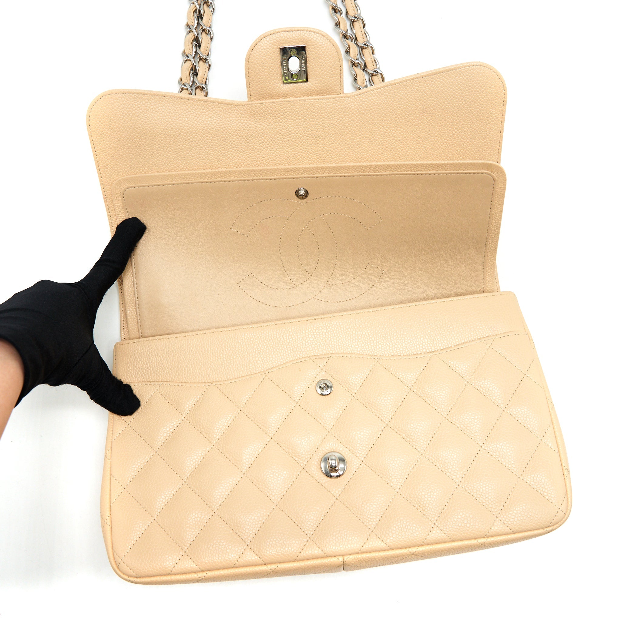CHANEL CLASSIC JUMBO DOUBLE FLAP BAG CAVIAR BEIGE SHW - Image 14