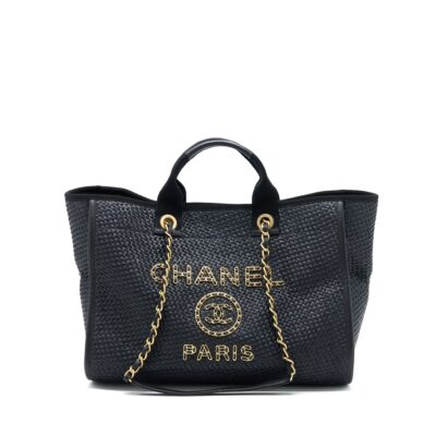 CHANEL BLACK RAFFIA DEAUVILLE TOTE BAG GHW