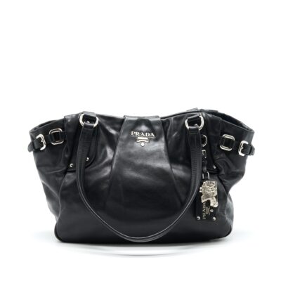 PRADA PRUGNA SOFT CALFSKIN LEATHER SHOPPING TOTE BAG BLACK