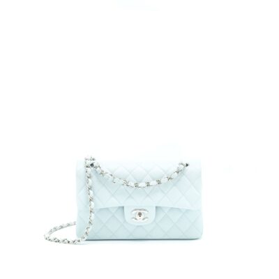 CHANEL 21K SMALL CLASSIC DOUBLE FLAP BAG CAVIAR LIGHT BLUE SHW (MICROCHIP)