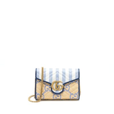GUCCI GG MARMONT FLAP BAG MATELASSE RAFFIA BLUE/MULTICOLOUR BRUSHED GHW