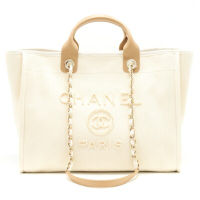 CHANEL DEAUVILLE TOTE BAG IN CREAMY WHITE/ BEIGE GHW