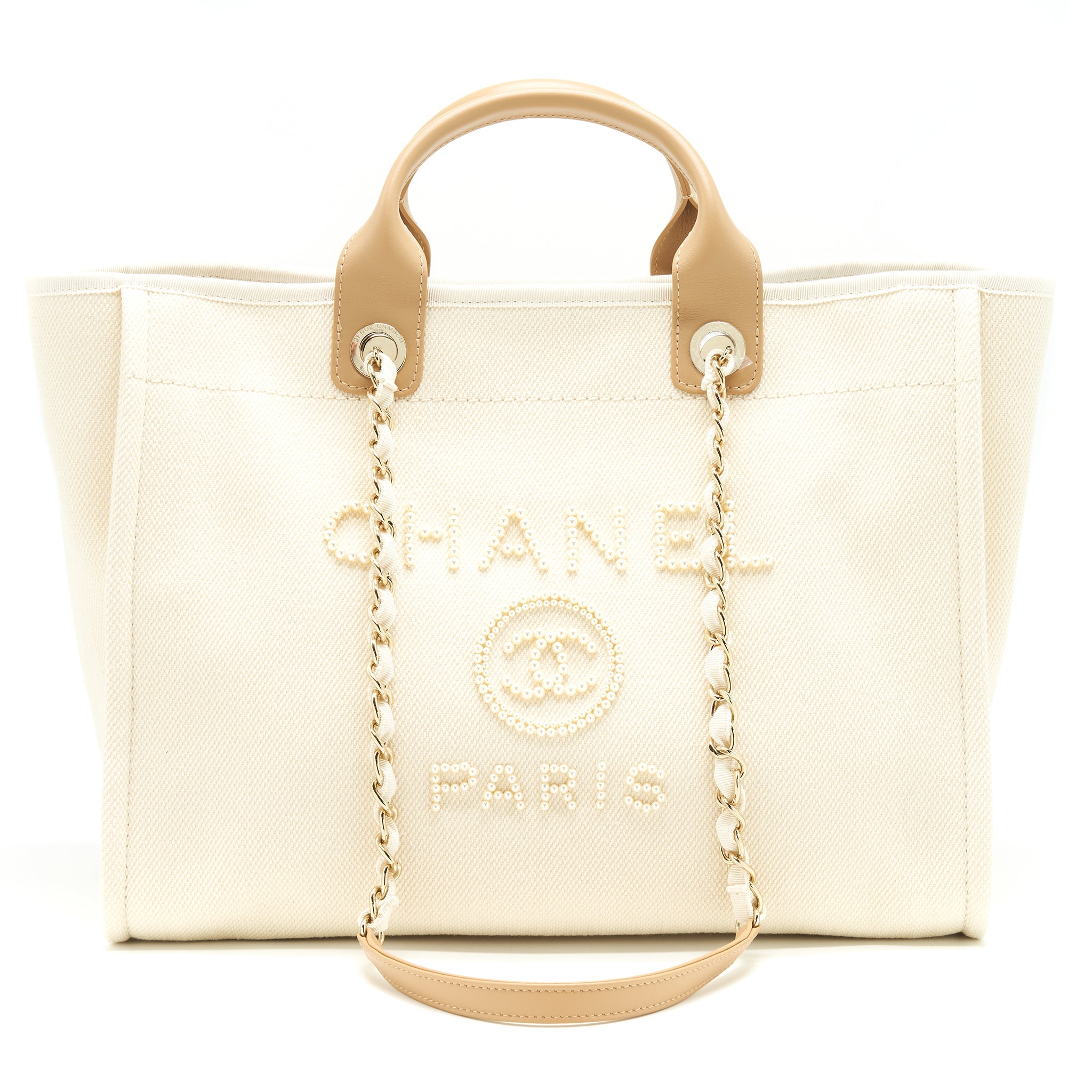 CHANEL DEAUVILLE TOTE BAG IN CREAMY WHITE/ BEIGE GHW