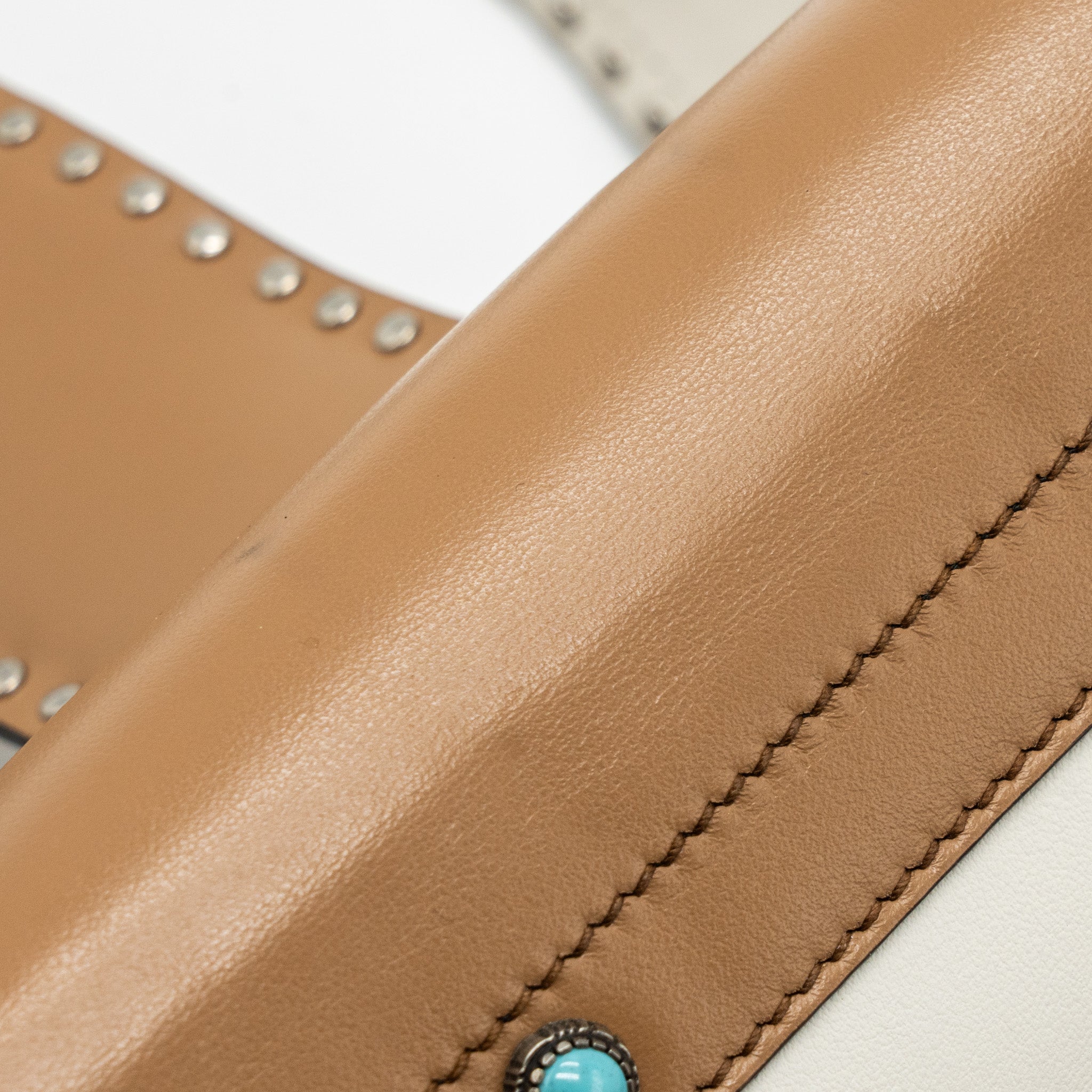 PRADA CAHIER EMBELLISHED TWO-TONE LEATHER SHOULDER BAG WHITE / CARAMEL SHW - Image 12