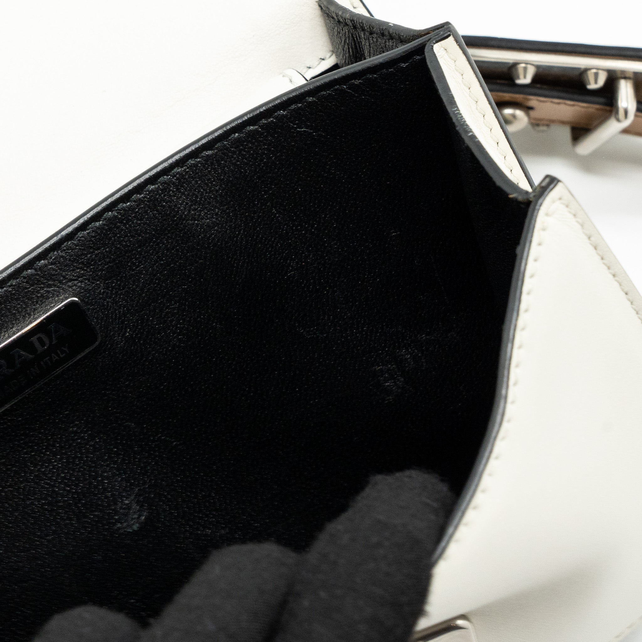 PRADA CAHIER EMBELLISHED TWO-TONE LEATHER SHOULDER BAG WHITE / CARAMEL SHW - Image 17