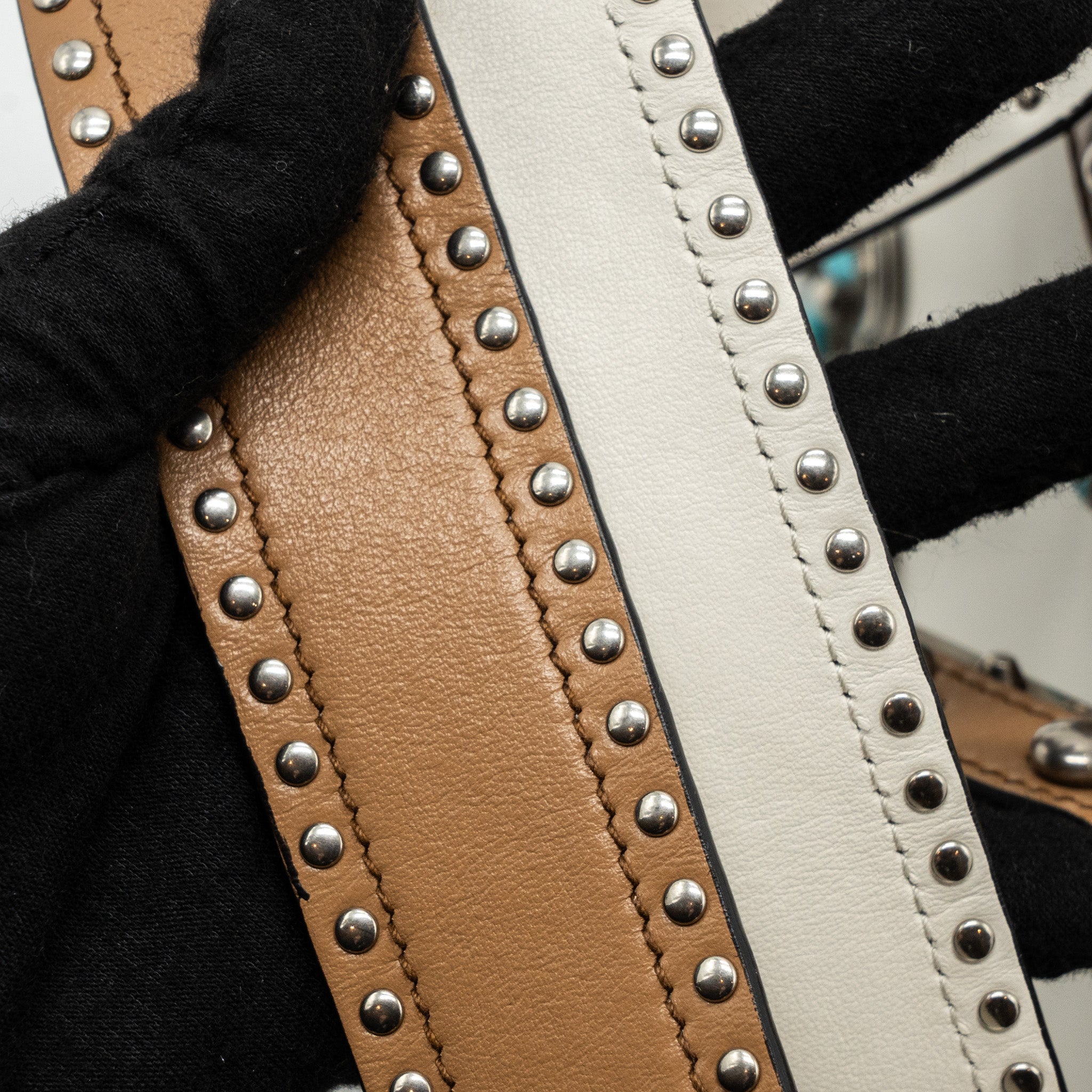 PRADA CAHIER EMBELLISHED TWO-TONE LEATHER SHOULDER BAG WHITE / CARAMEL SHW - Image 19