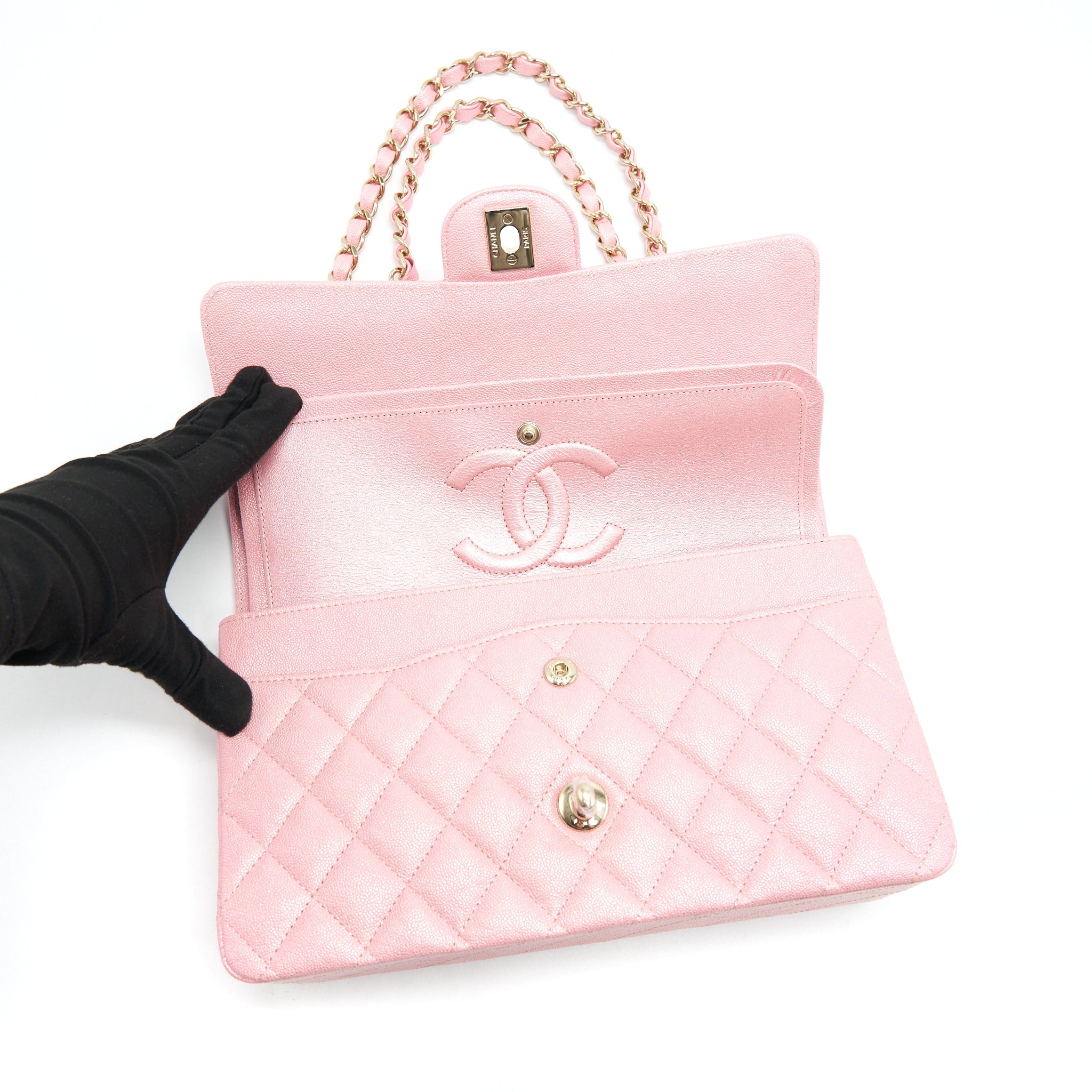 CHANEL IRIDESCENT PEARLY PINK MEDIUM CLASSIC DOUBLE FLAP BAG CAVIAR WITH LGHW - Image 6